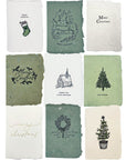 Set of vintage-style Christmas cards with green stocking and “Merry Christmas” text