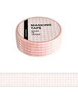 Pink gingham washi tape roll with thin red-and-white stripes along the edges