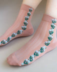 Floral Mesh casual socks: Beige