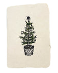 Holiday illustration card with green fir tree in a pot on light beige paper