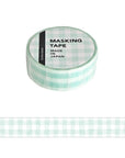 Light green check washi tape roll on clear backing, tape strip shown