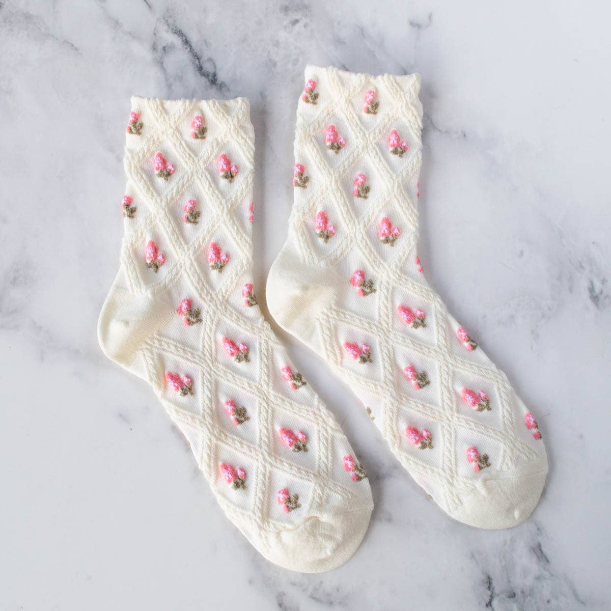 Floral Casual Socks: Cream/Pink