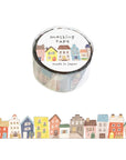 Washi tape roll with colorful row of houses illustration on clear backing, tape strip shown
