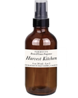 Brown room spray bottle with clear pump sprayer and Harvest Kitchen label