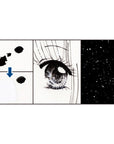 White ink correction sample with ink blobs, eye detail, and speckled background