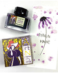 Japanese art nouveau color ink set with bottle and box, Kuretake, Perkin Mauve purple on paper