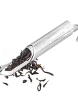 Stainless steel tea infuser cylinder with perforated mesh and hinged lid