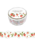Washi tape roll with strawberry-and-leaf illustrations on clear backing, tape strip shown