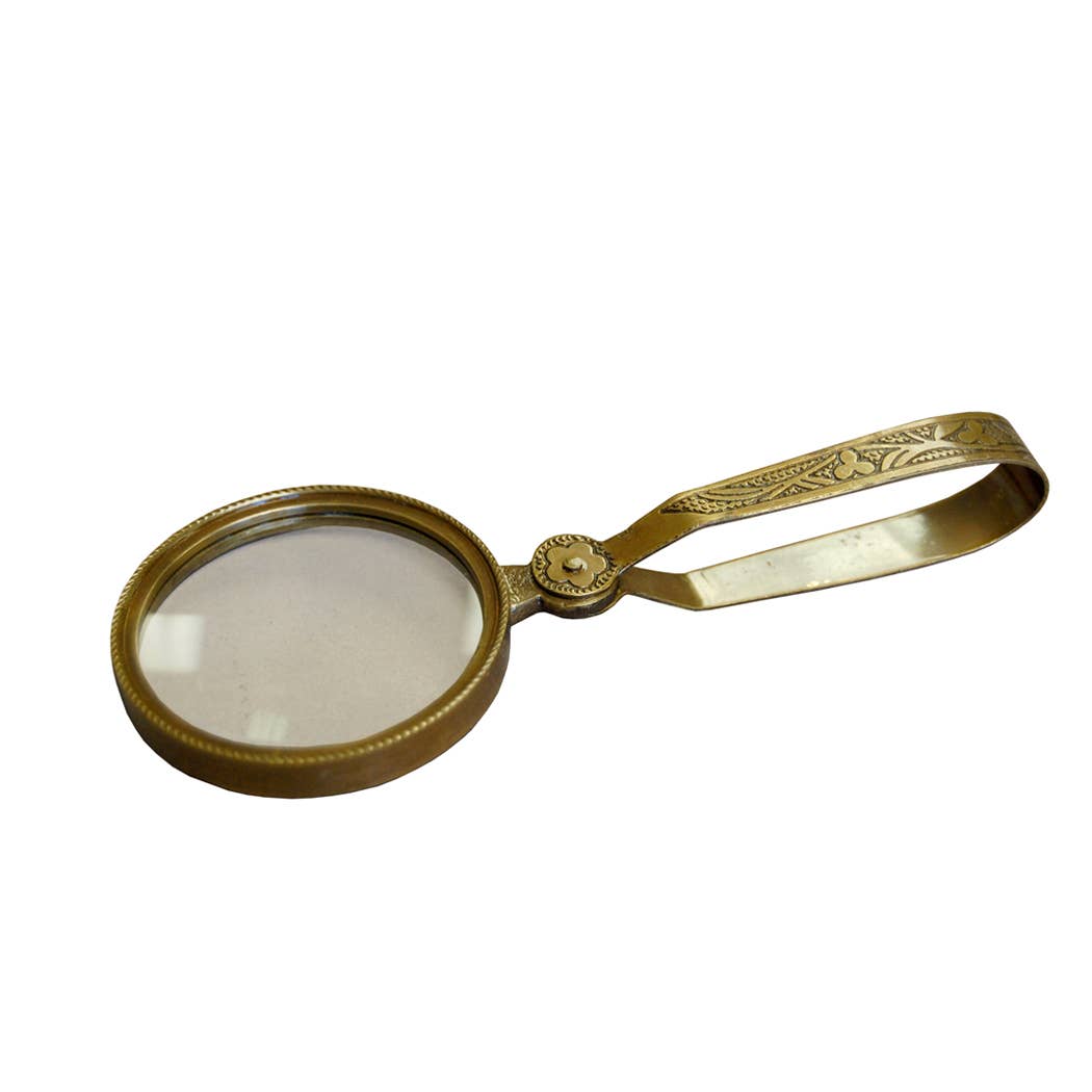 Antiqued Brass Magnifying Glass with Folding Handle, 4-3/4”