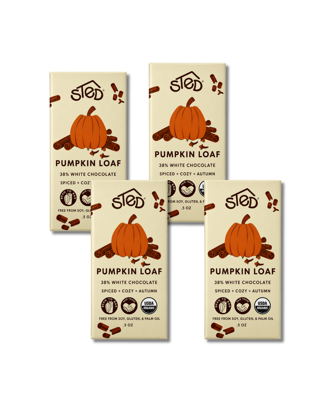 Mini Pumpkin Loaf boxes set of four with pumpkin graphic on front labels