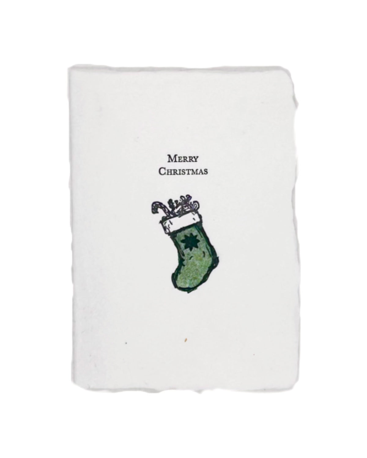 Merry Christmas card with green stocking illustration and text