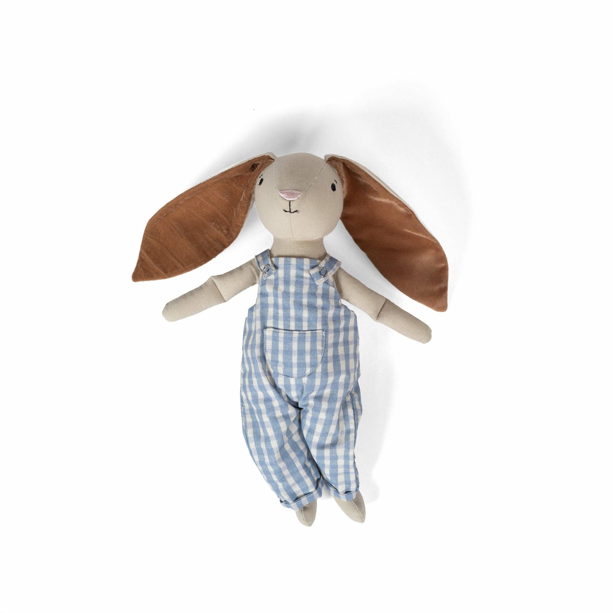 Rabbit plush doll with brown ears and blue striped overalls