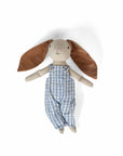 Rabbit plush doll with brown ears and blue striped overalls