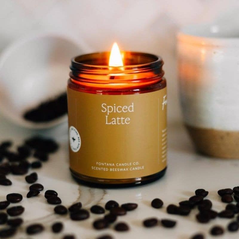 Spiced Latte beeswax jar candle with black lid lit flame and coffee bean decoration