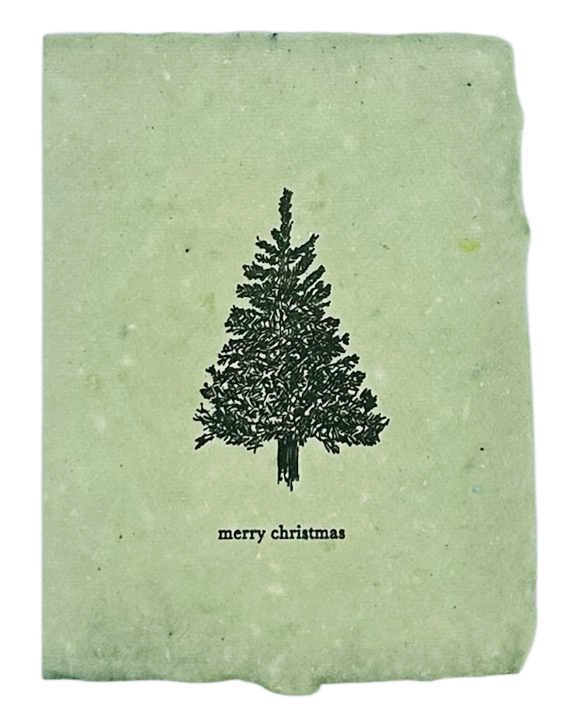Christmas card with black evergreen tree and “merry christmas” on light green paper