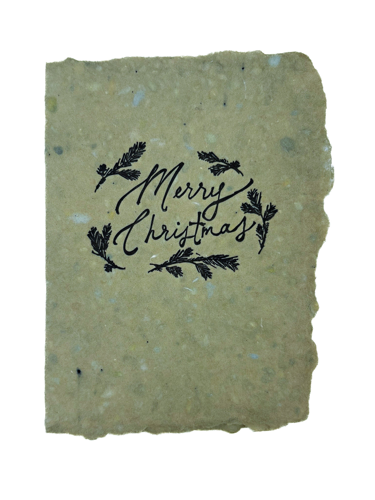 Christmas card with black “Merry Christmas” wreath design on green textured paper