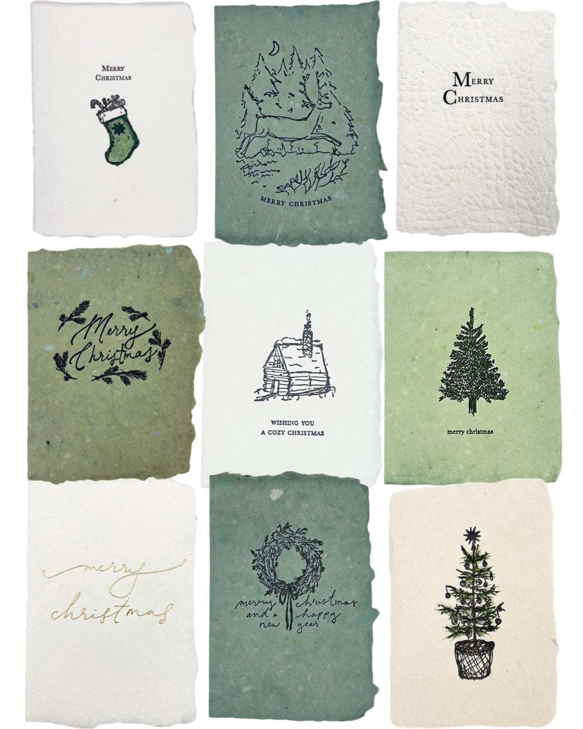 Set of vintage-style Christmas cards with green stocking and “Merry Christmas” text