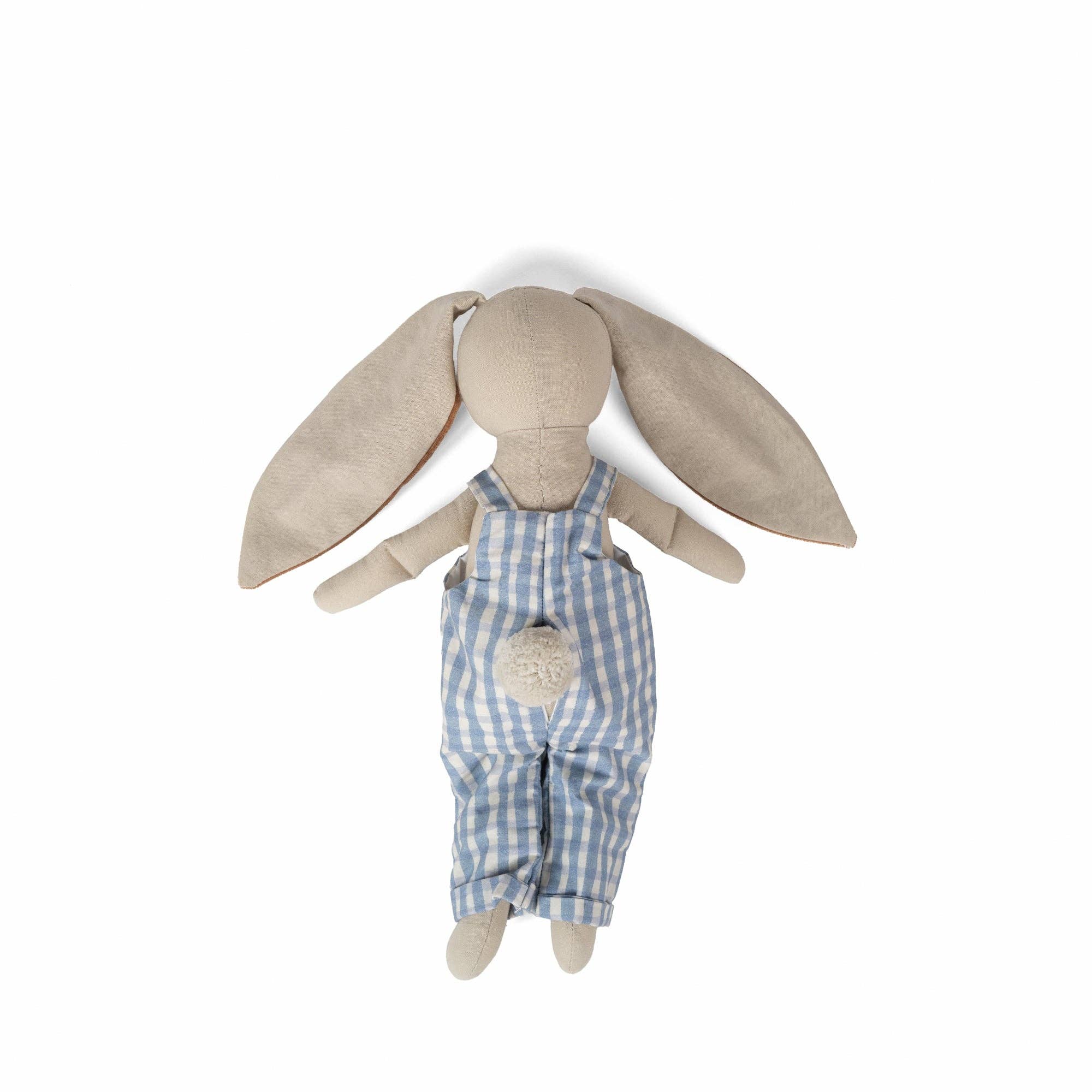 Rabbit plush doll with brown ears and blue striped overalls, back view