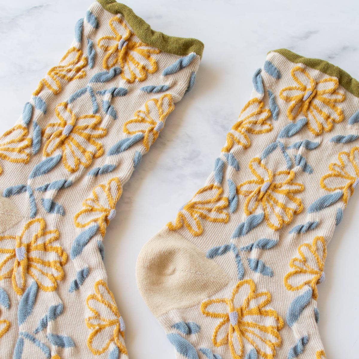 Unique Vintage Floral Socks: Olive/Beige