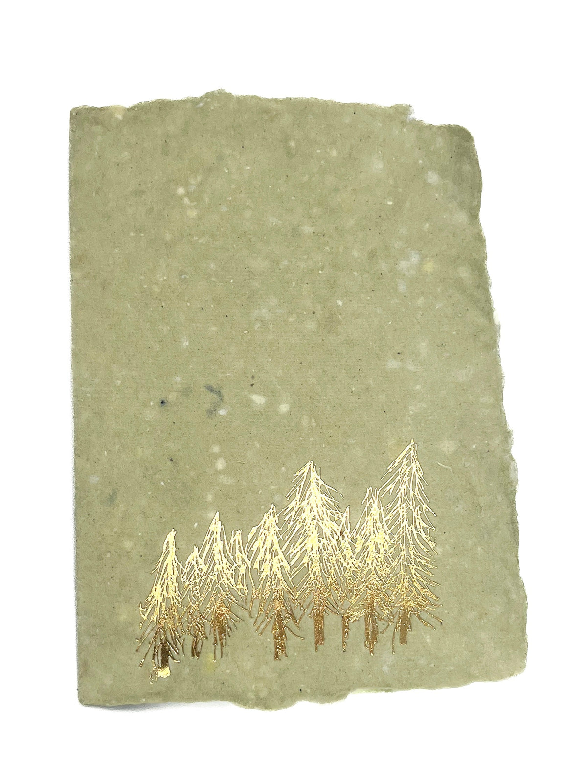 Holiday illustration card with gold tree silhouettes at the bottom on pale green paper
