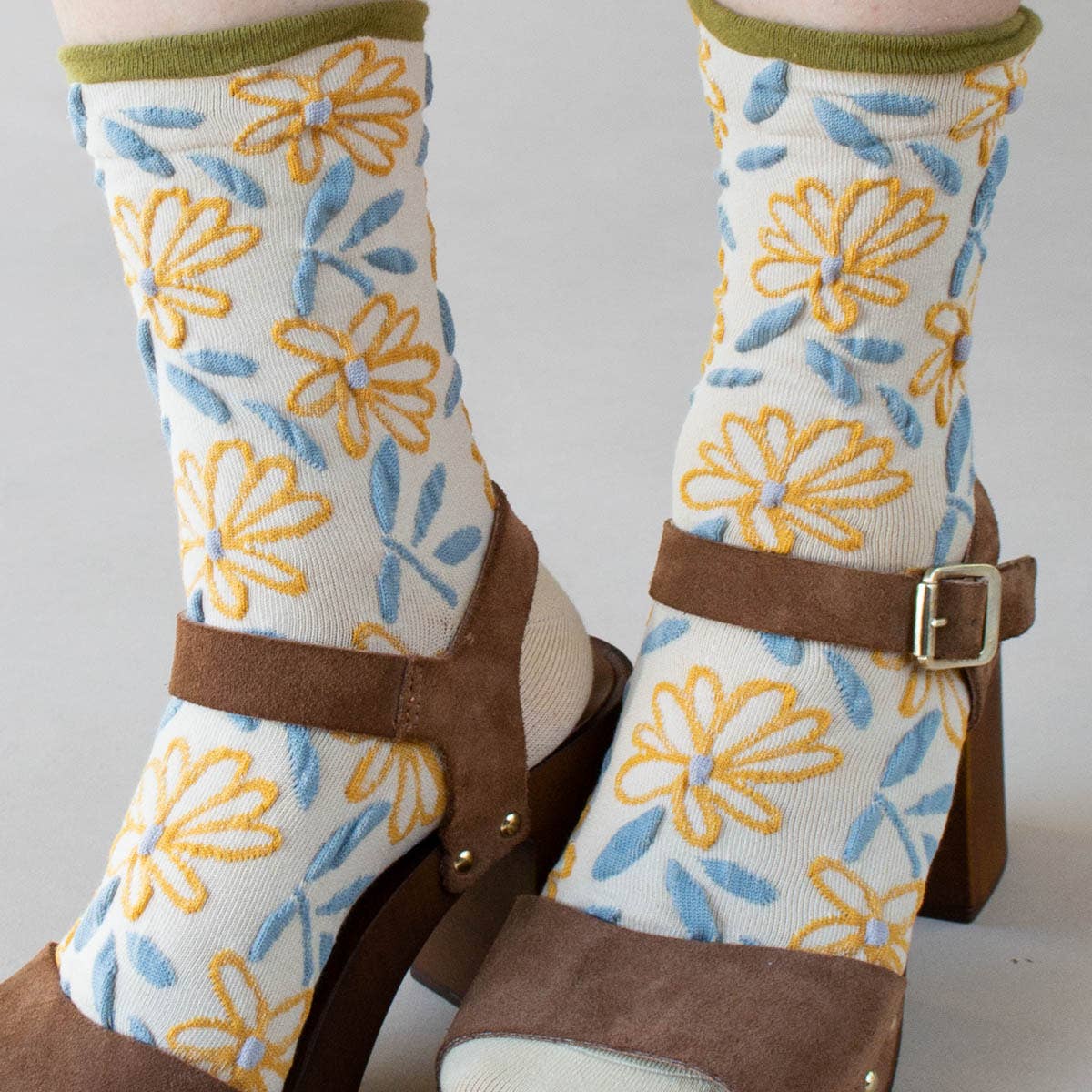 Unique Vintage Floral Socks: Olive/Beige