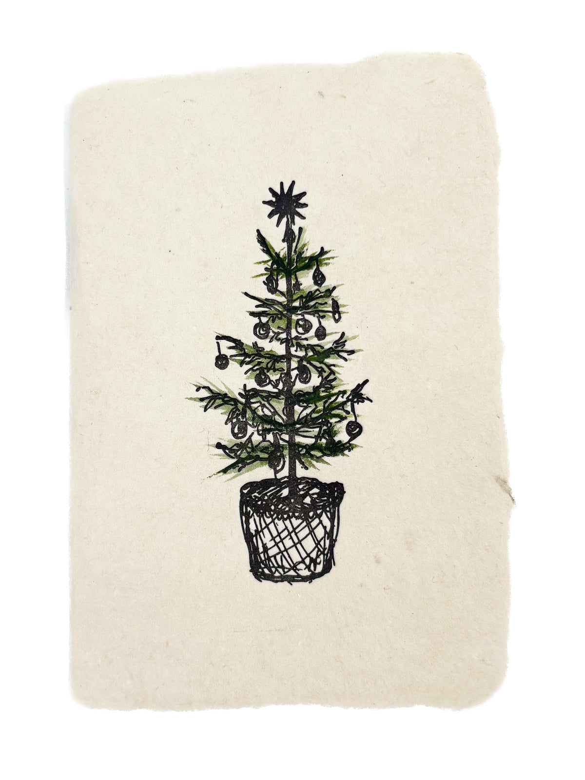 Holiday illustration card with green fir tree in a pot on light beige paper