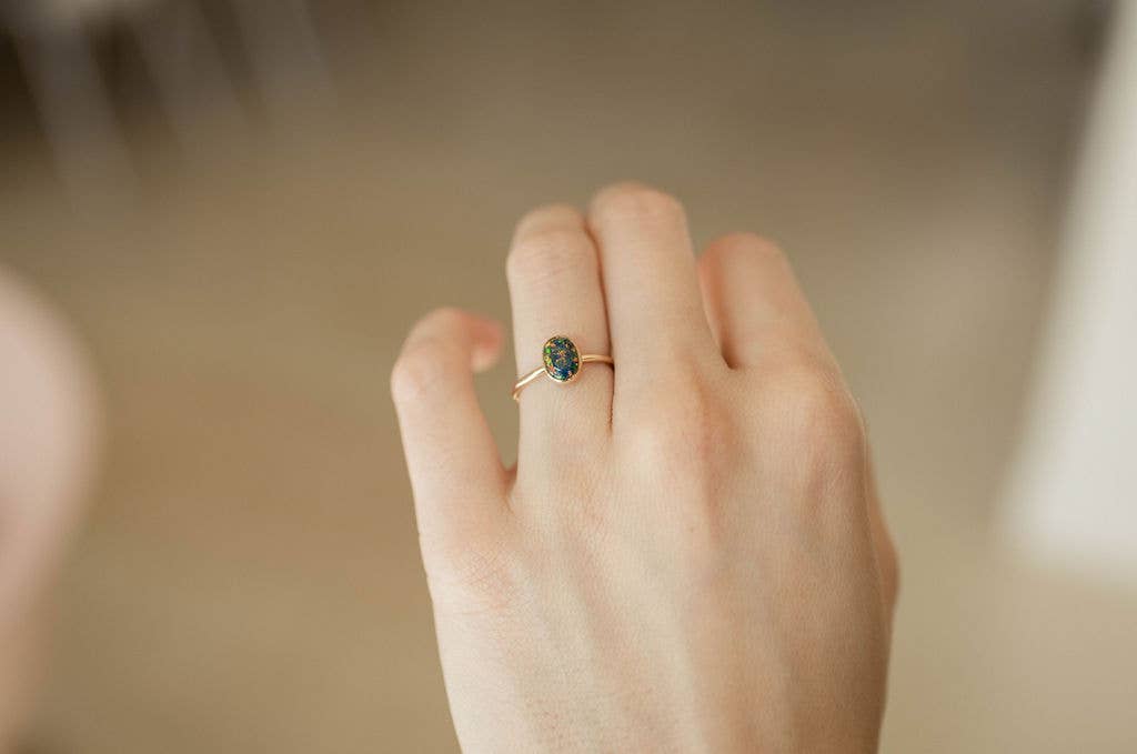 Black Opal Oval Ring in Gold Filled
