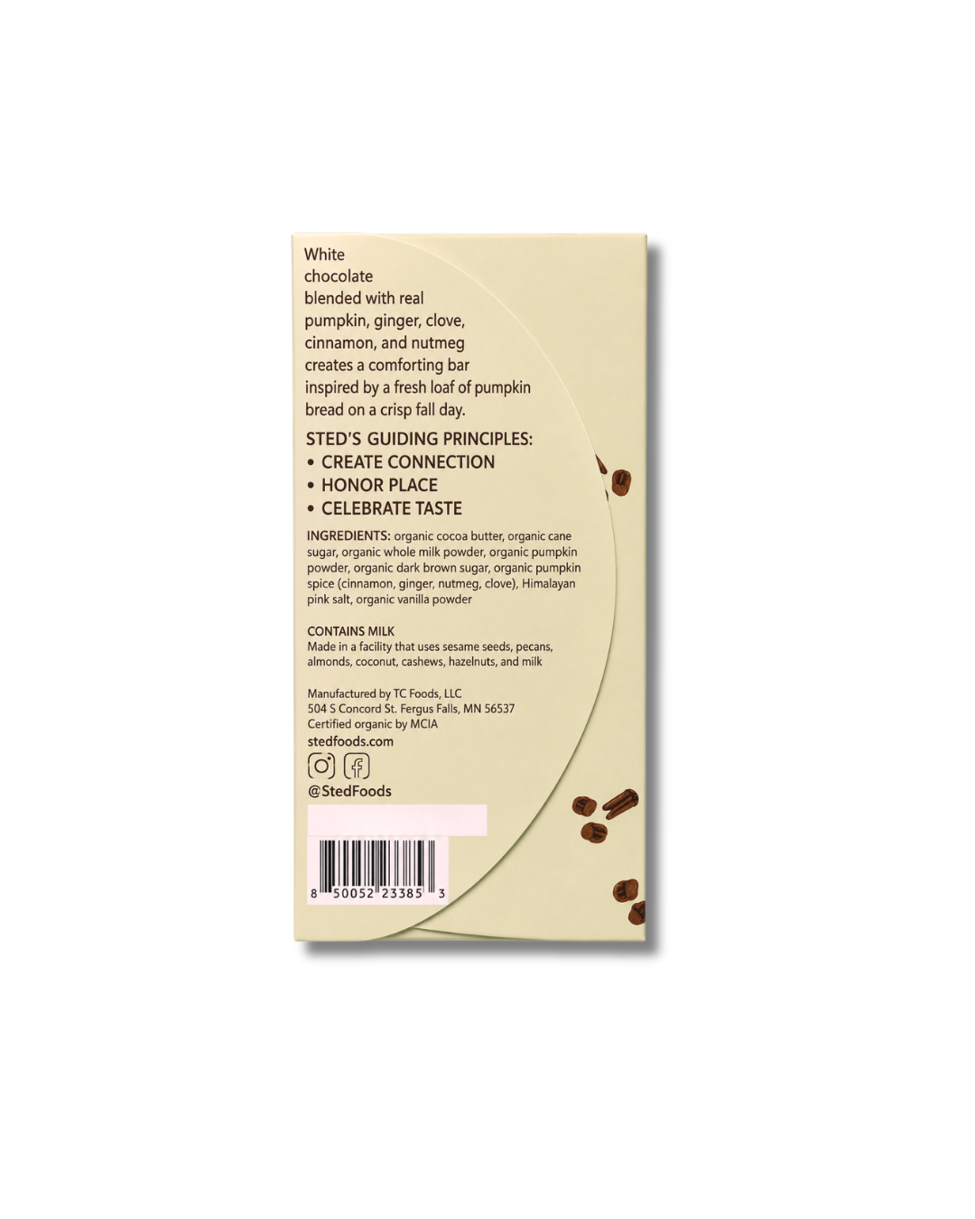 Mini Pumpkin Loaf box back panel with white chocolate description and ingredients