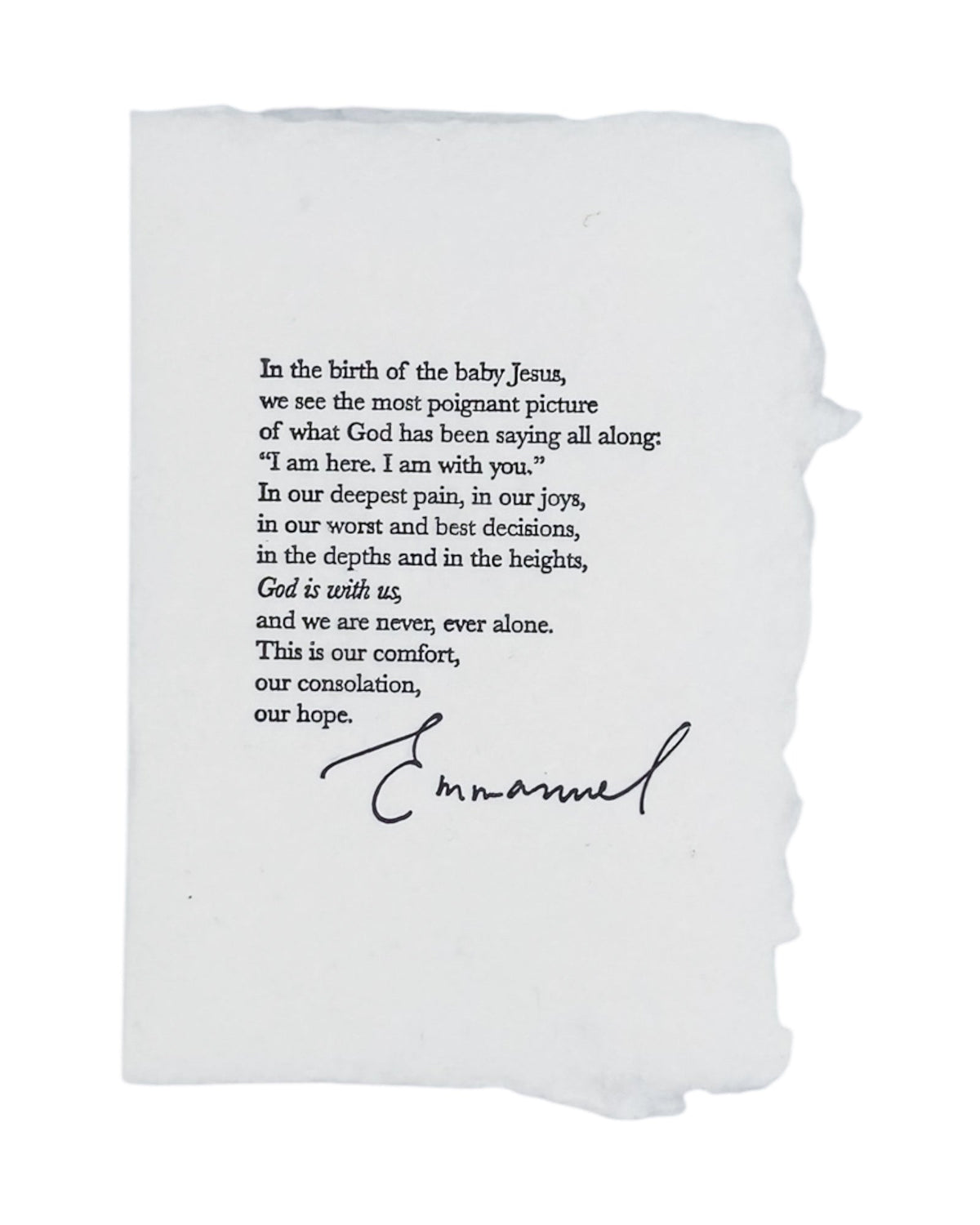 White faith-themed Christmas card with handwritten prayer text and signature-style script