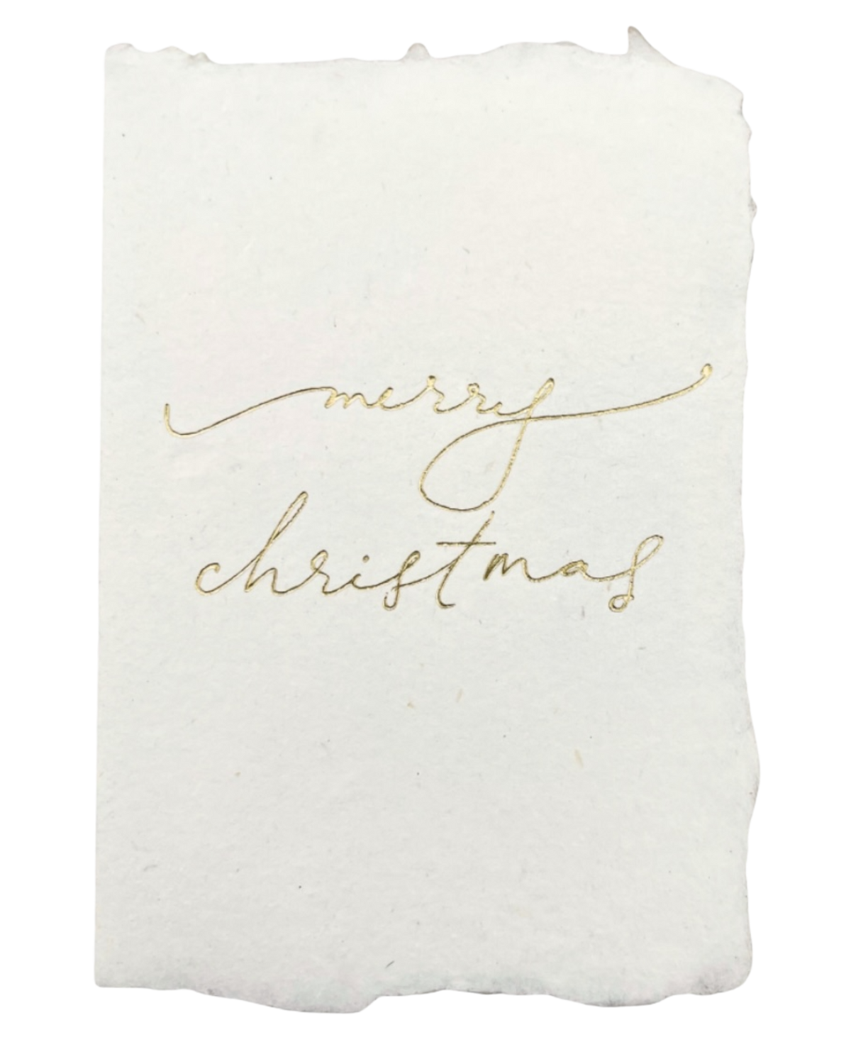 Christmas card with gold script “Merry Christmas” on white textured paper