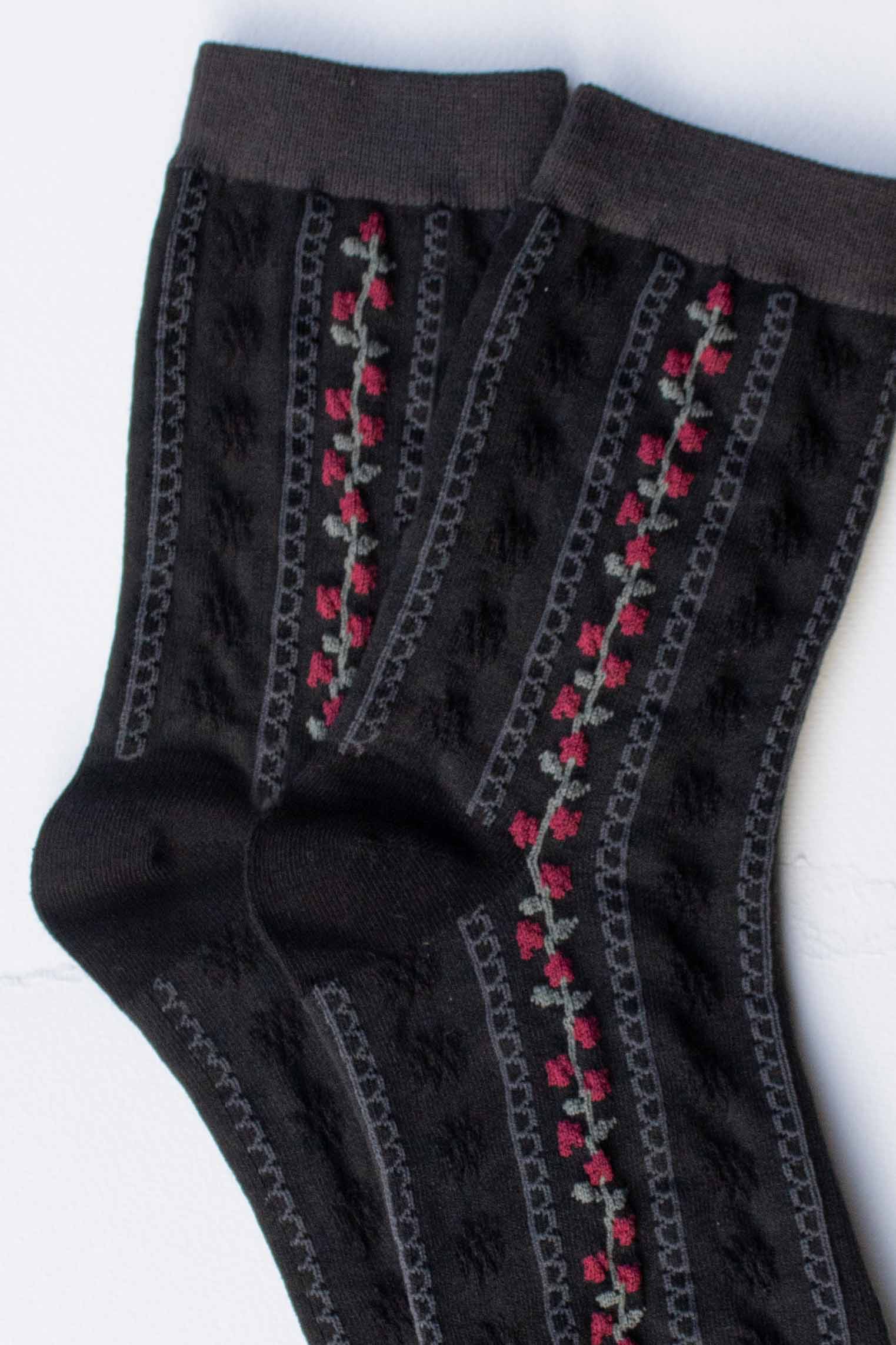Vintage Stripe Floral Cotton Blend Socks: Black/Charcoal
