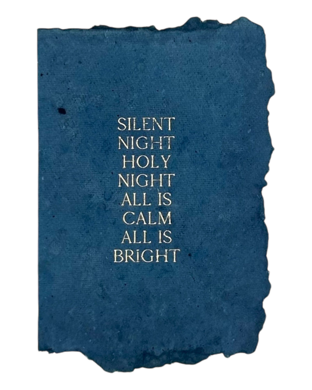 Blue faith-themed Christmas card with handwritten verse: “Silent Night”