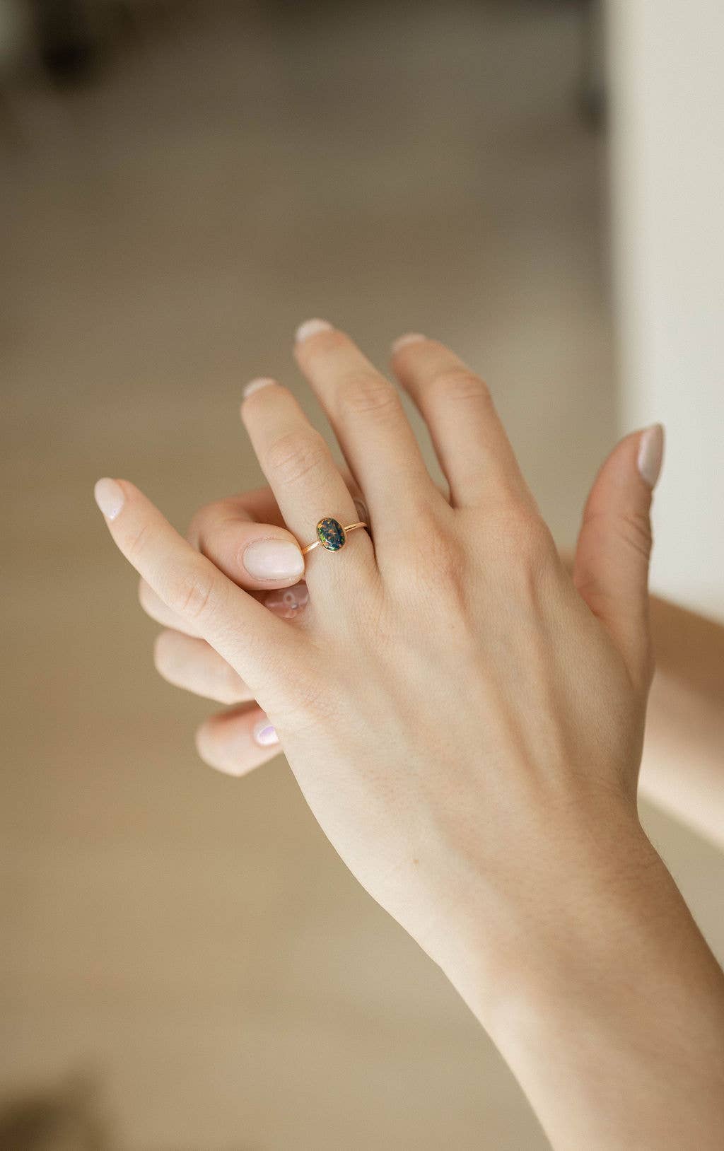 Black Opal Oval Ring in Gold Filled