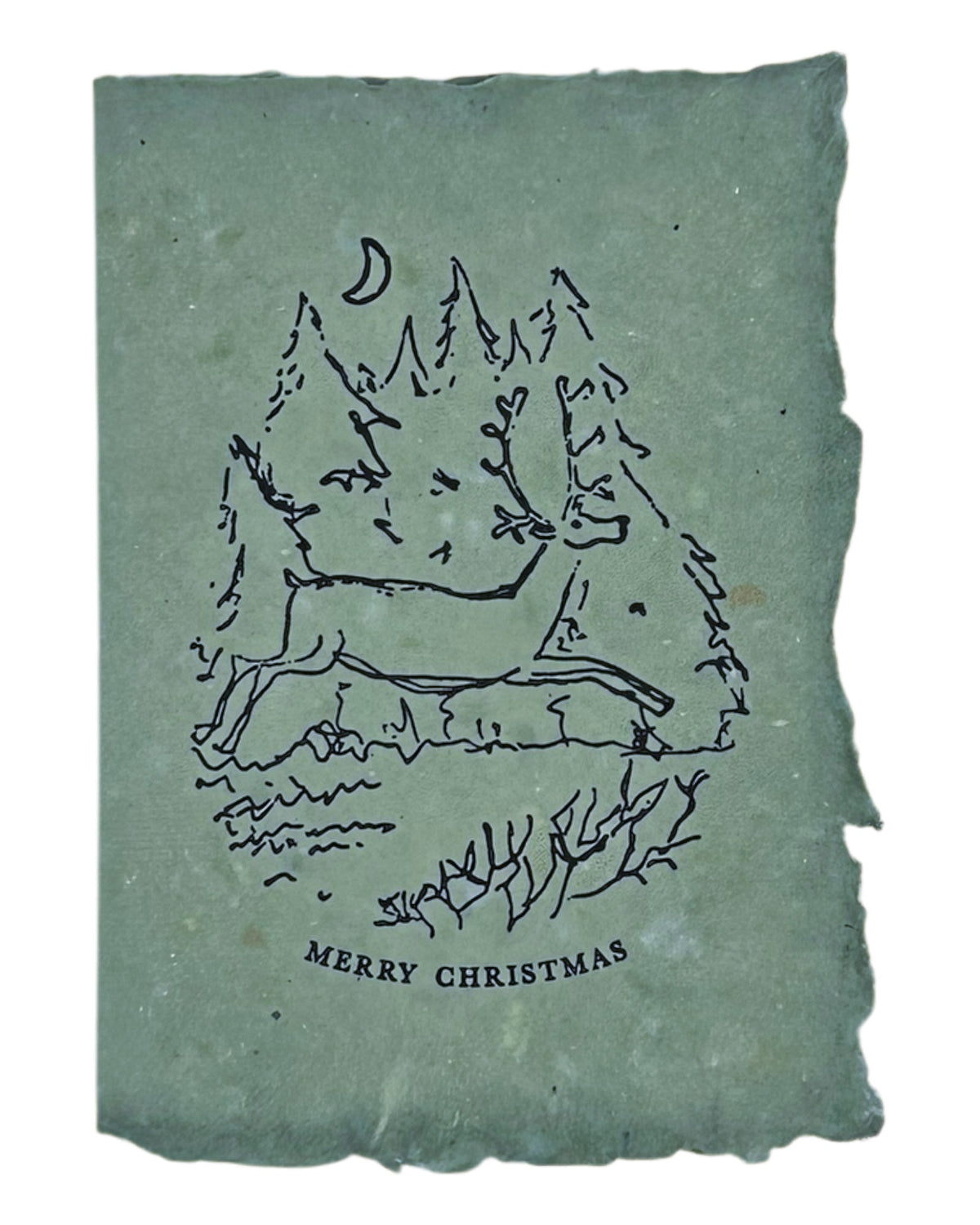 Christmas card with ink illustration of a winter cabin and “Merry Christmas” text