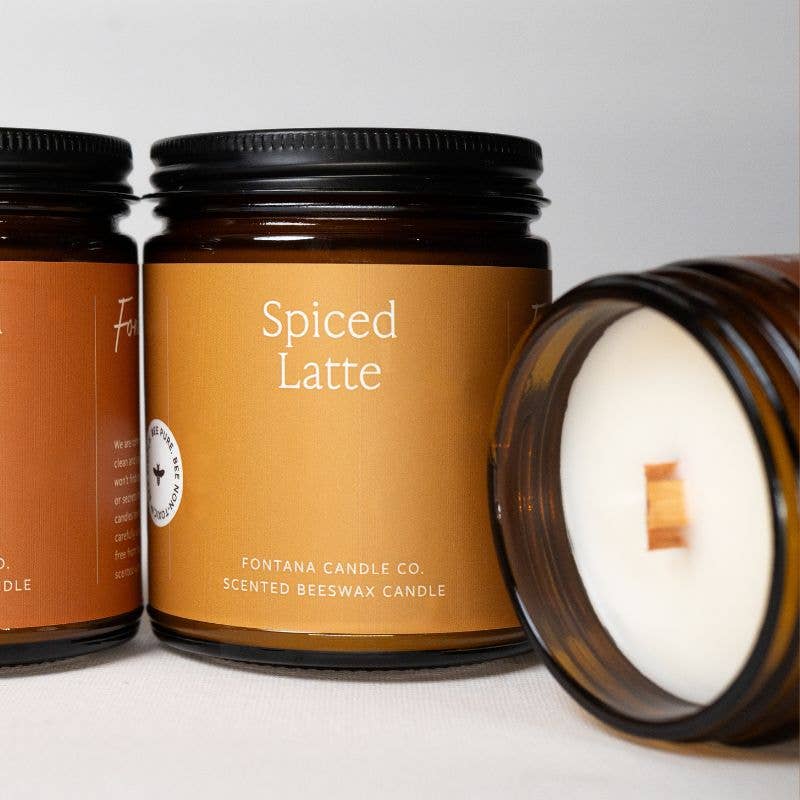 Spiced Latte beeswax jar candle jars with black lids and one open with wax visible