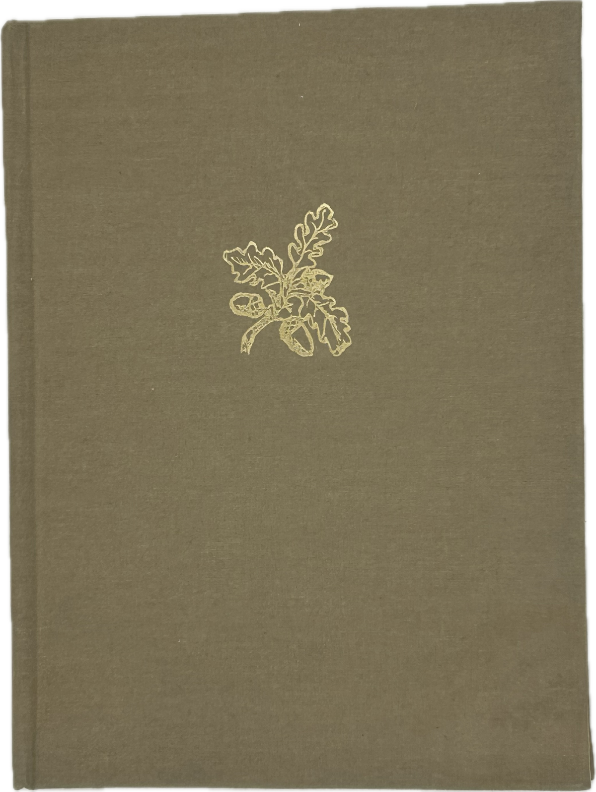 Olive artisan journal cover with gold acorn and oak leaf emblem