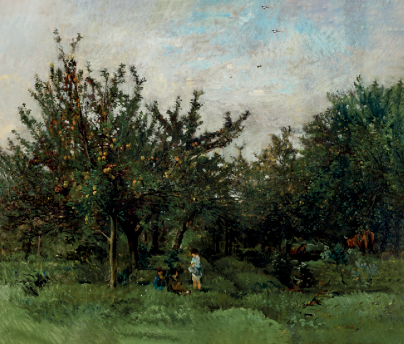 Photo of Painting An Apple Orchard by artist Charles-François Daubigny, featuring apple trees and human figures