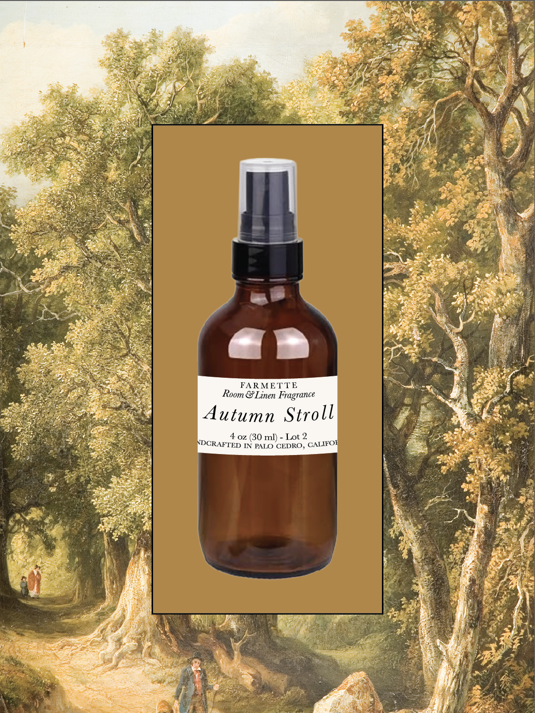 Amber glass room spray bottle with silver mist pump and fragrance label