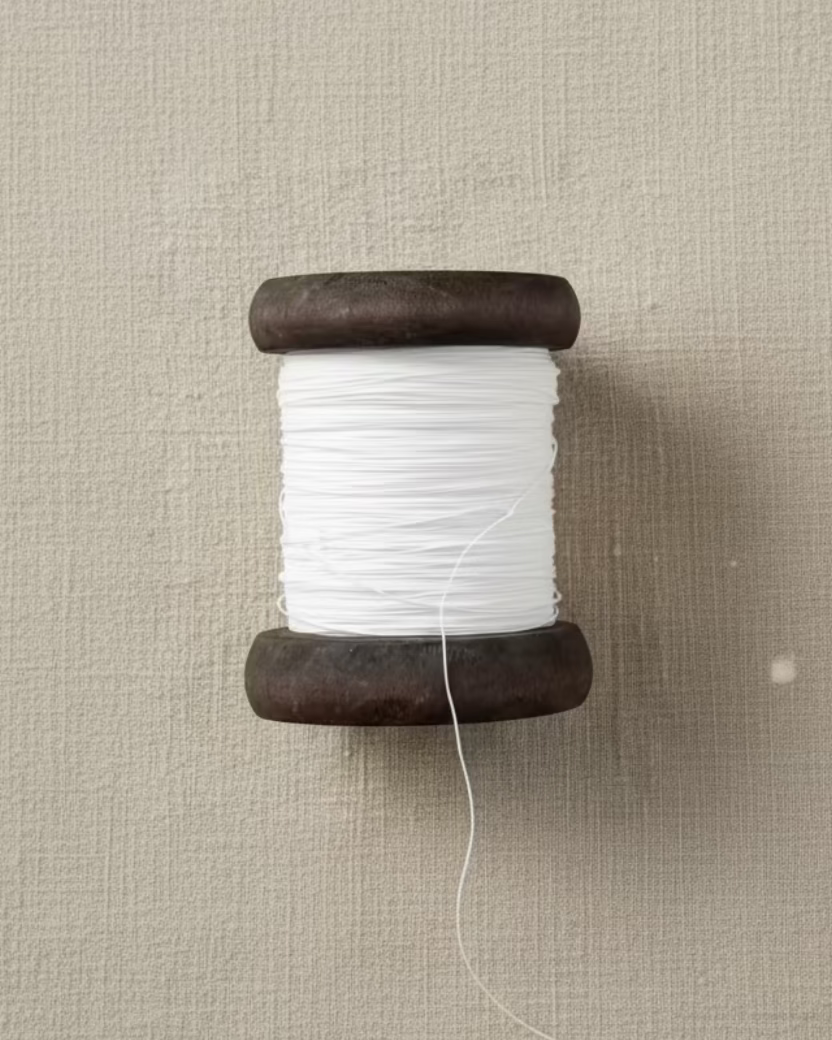 Two spools of European twine with white and beige thread on dark wooden reels