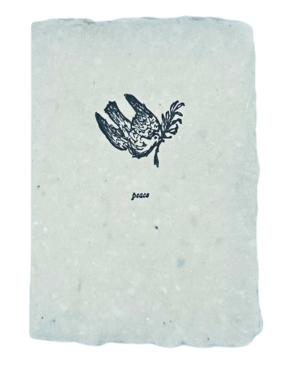 Light blue faith-themed Christmas card with dove illustration and word “peace”