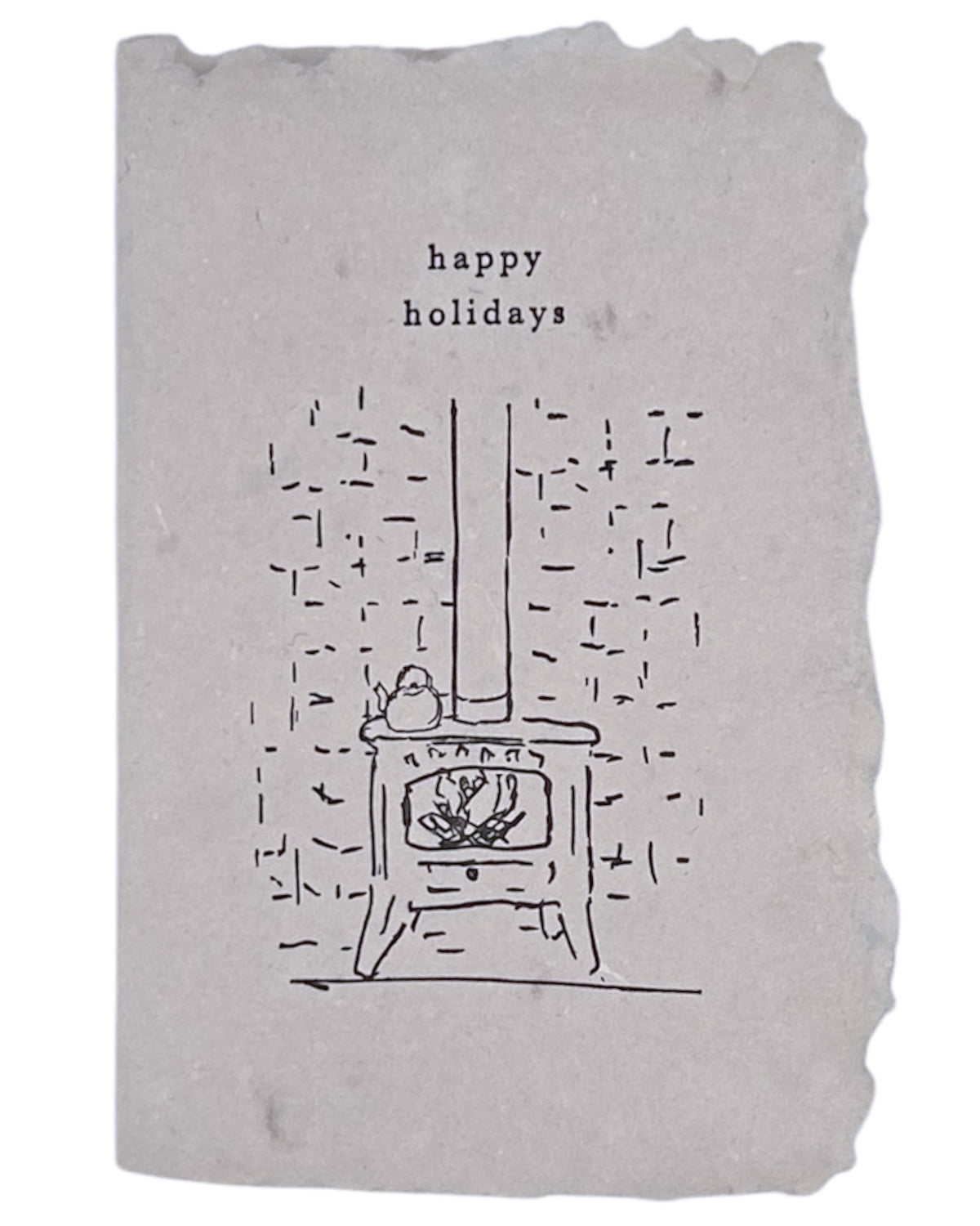 Happy holidays greeting card with candle fireplace sketch and “happy holidays” text.