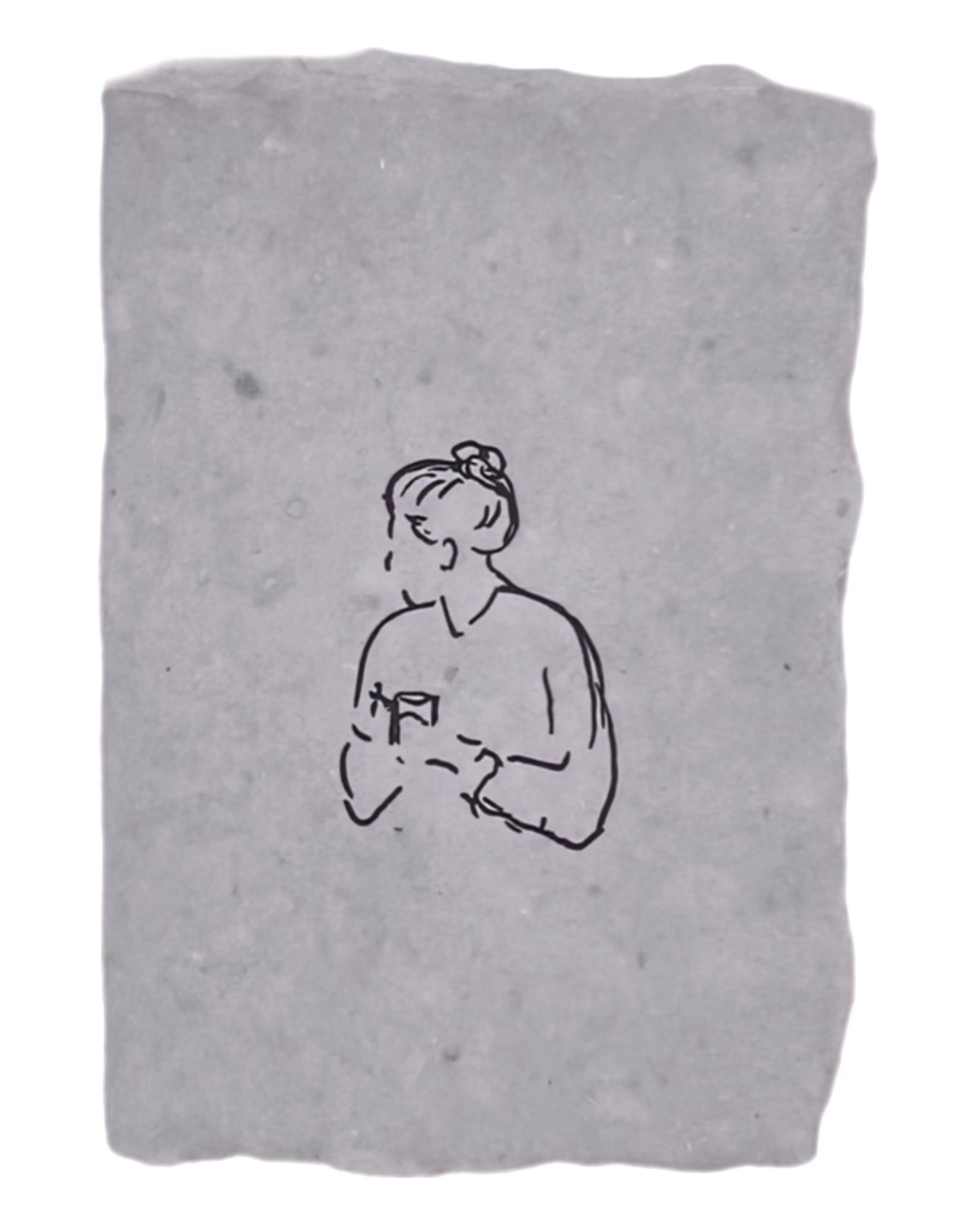 Greeting card with line drawing of a woman holding a mug