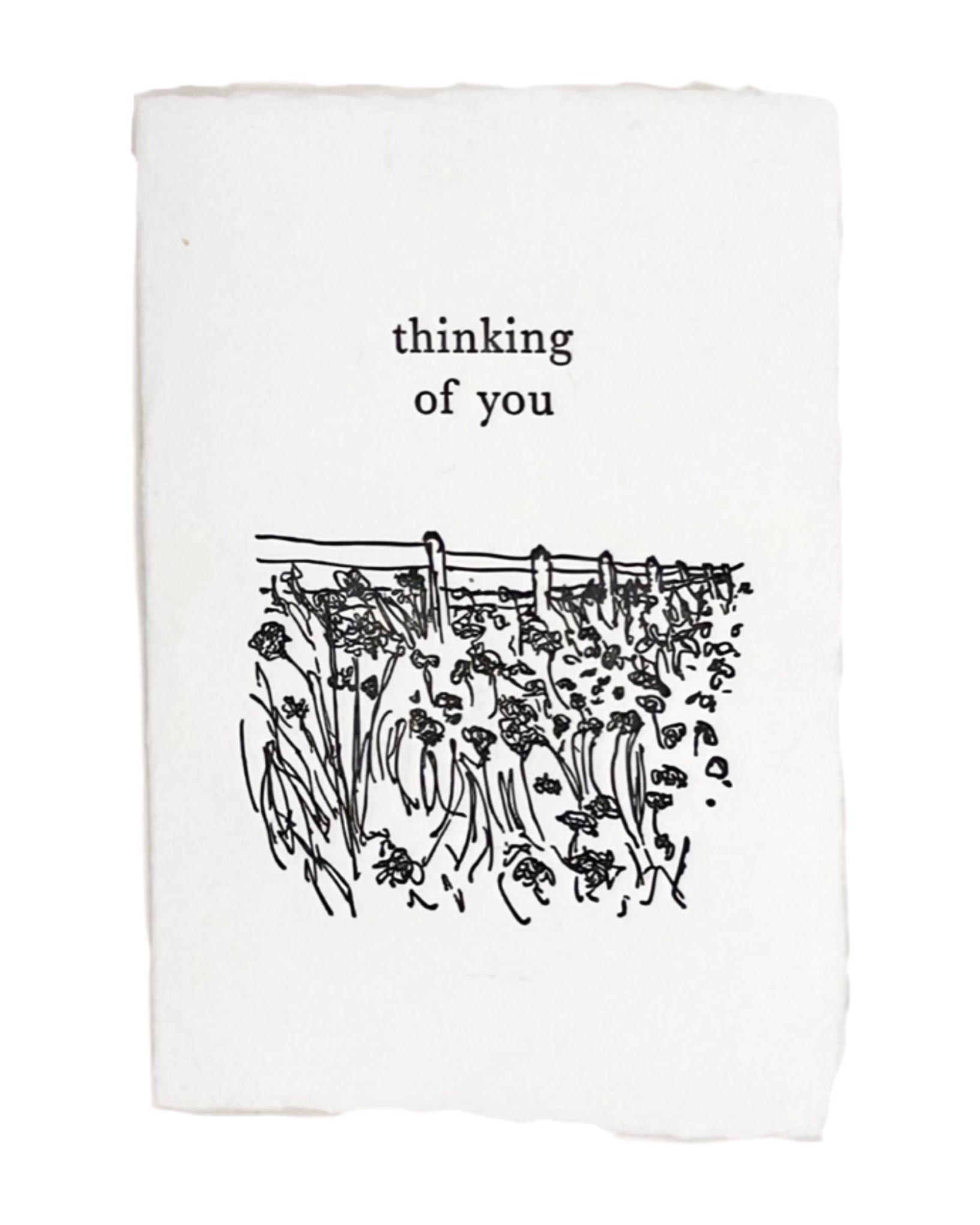 Thinking of You fence line greeting card with white background and black line floral illustration