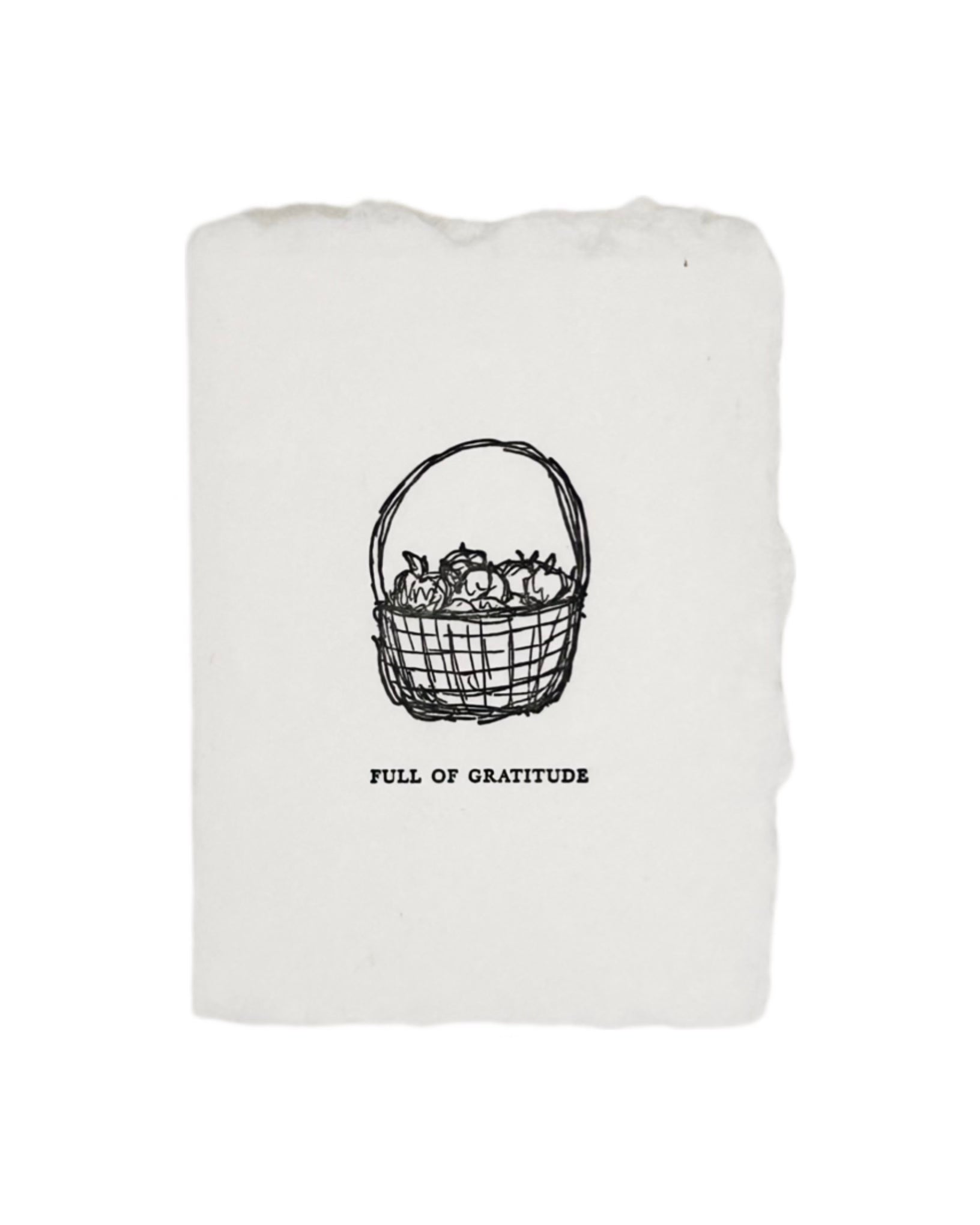 White gratitude card with black basket illustration and text 'FULL OF GRATITUDE'.
