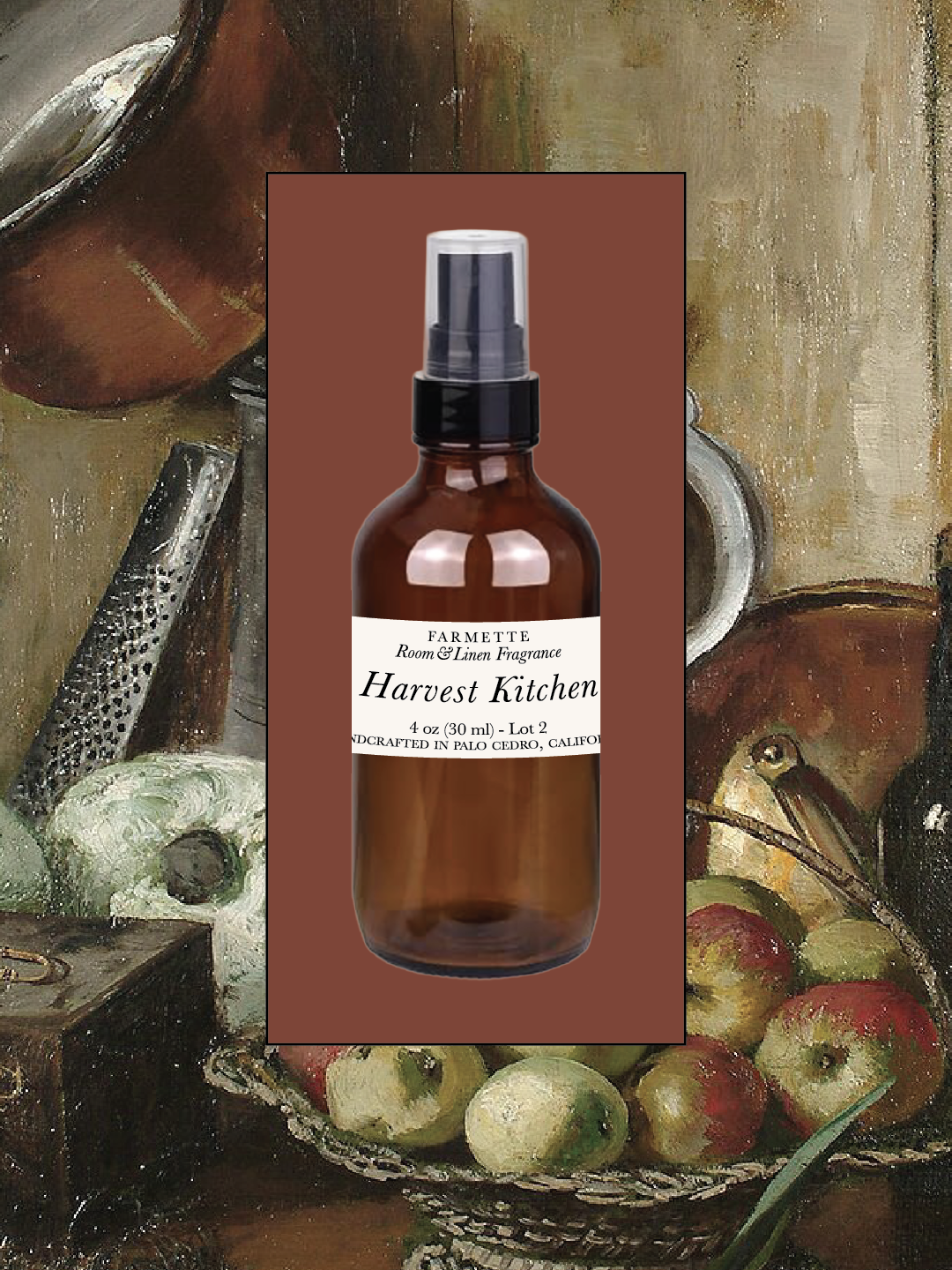 Brown room spray bottle with pump sprayer, white label reading Harvest Kitchen