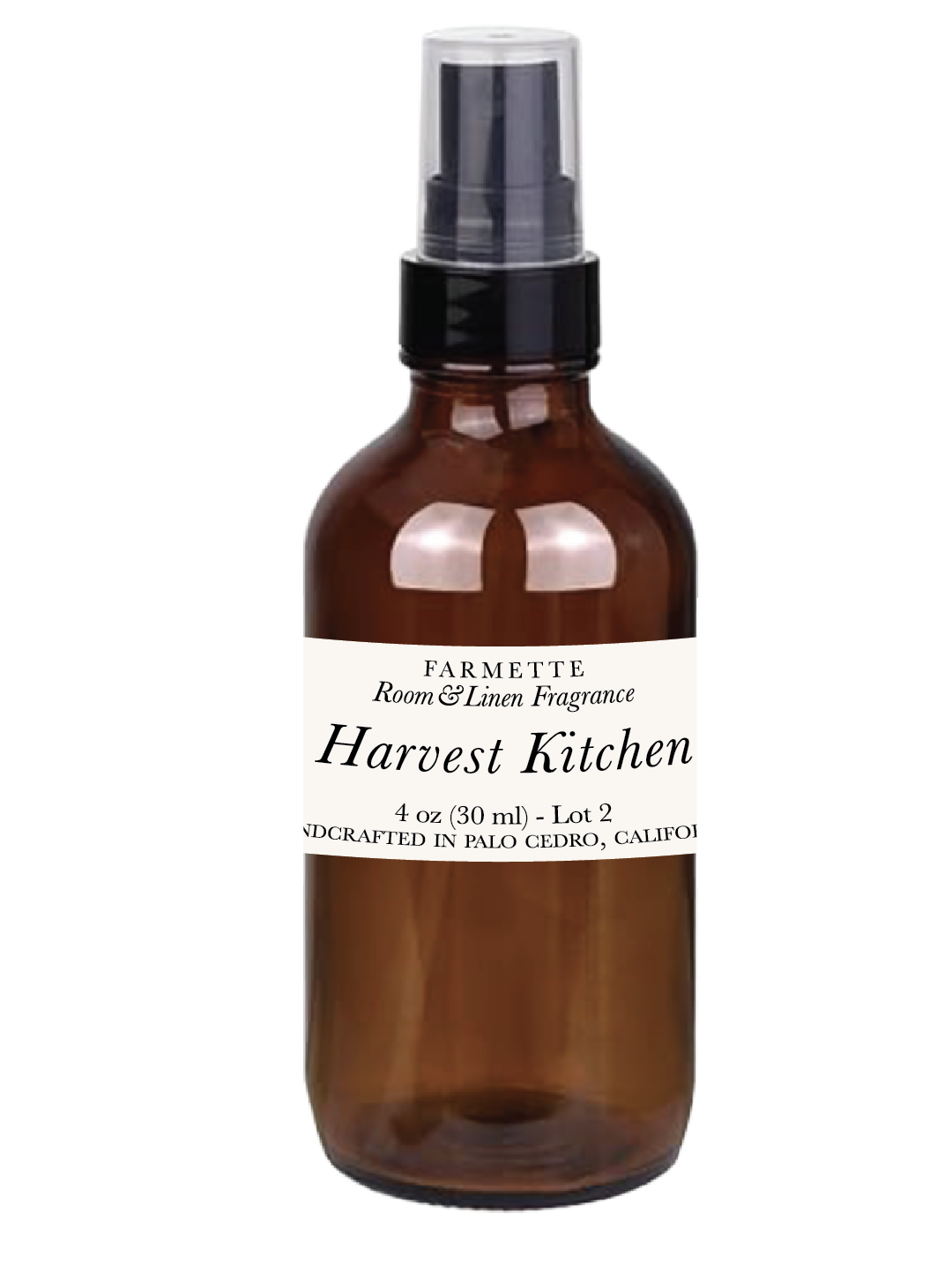 Brown room spray bottle with clear pump sprayer and Harvest Kitchen label
