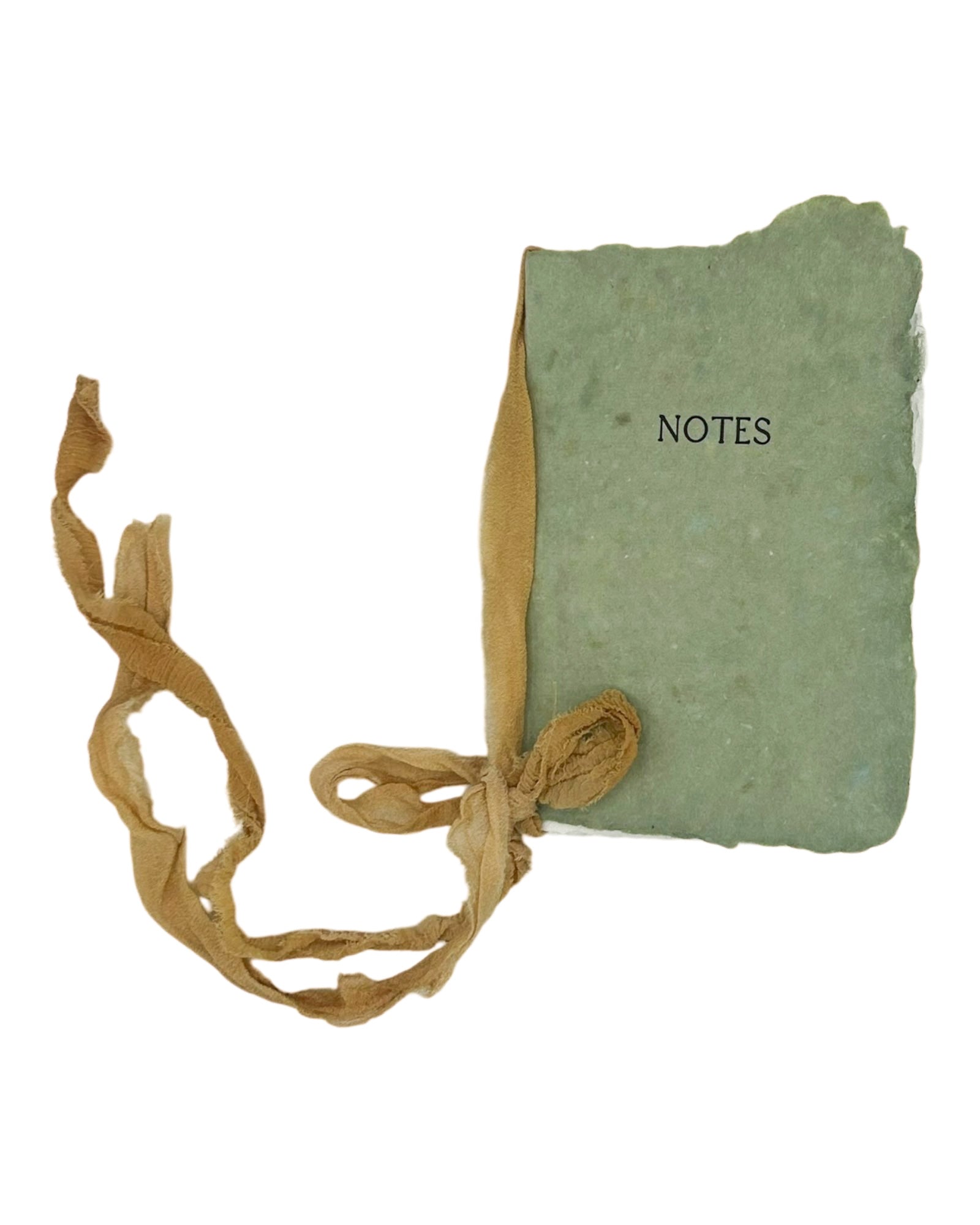Handmade paper notebook with green cover, “NOTES” title, tied with brown twine