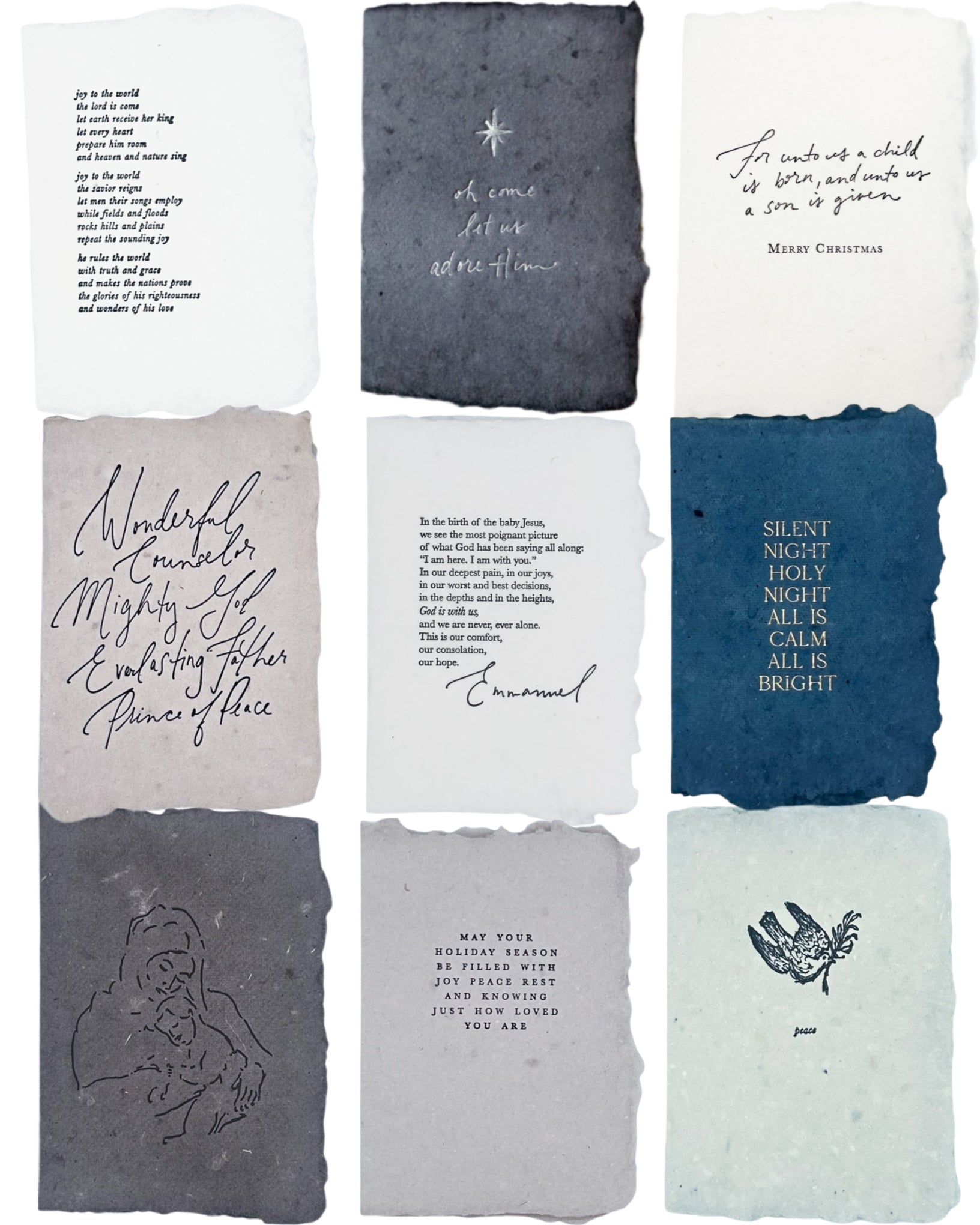 Faith-themed Christmas card set with nine textured cards in white, navy, and gray tones