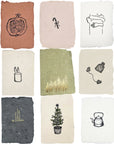 Holiday illustration card set with assorted designs: ornament, bow, candle, fir tree, and teapot