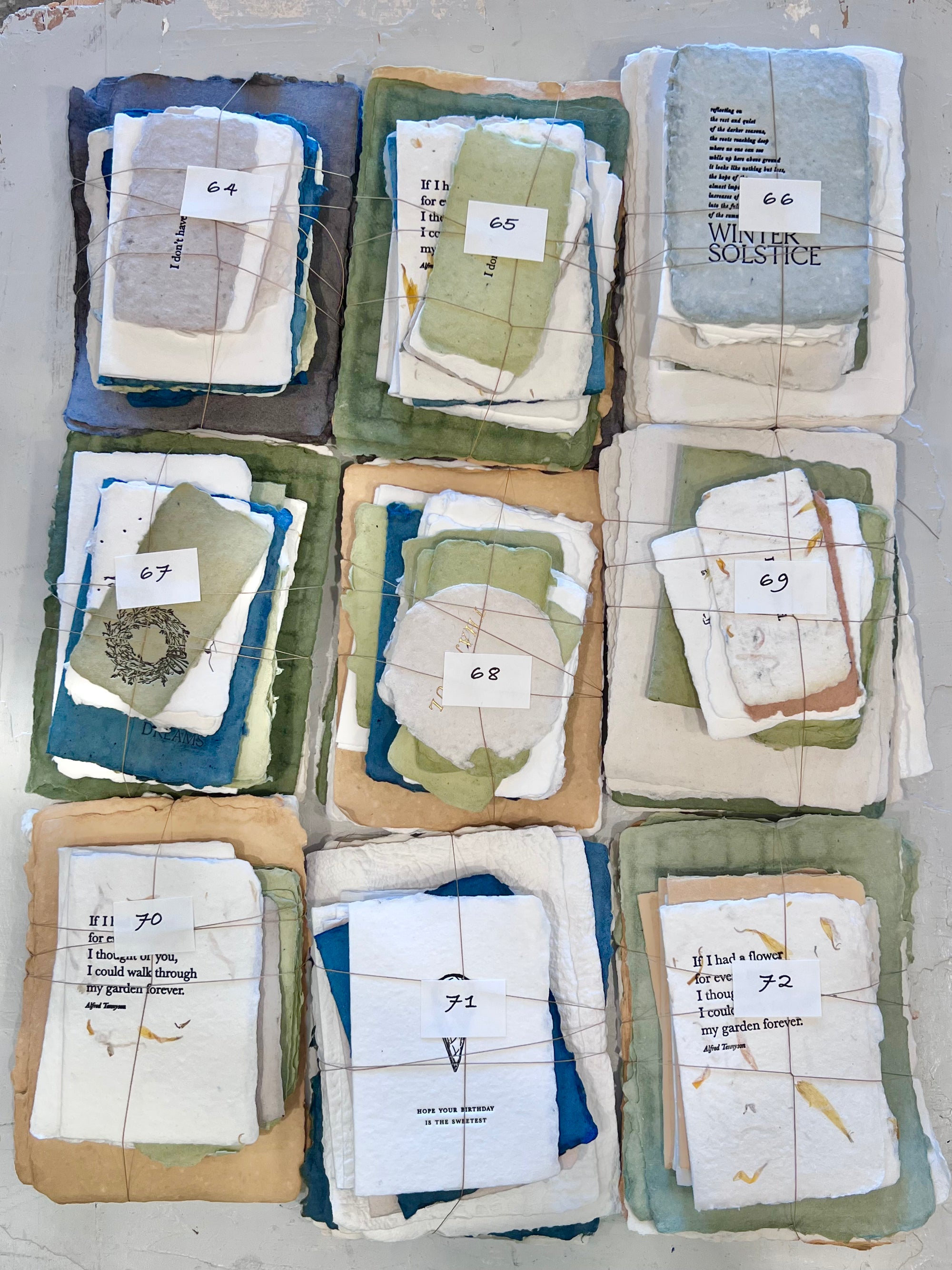 Assorted fabric swatch bundle set with labeled packages 064–072